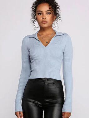 Bailey 44 Light Blue Ribbed Long-Sleeve Polo Sweater